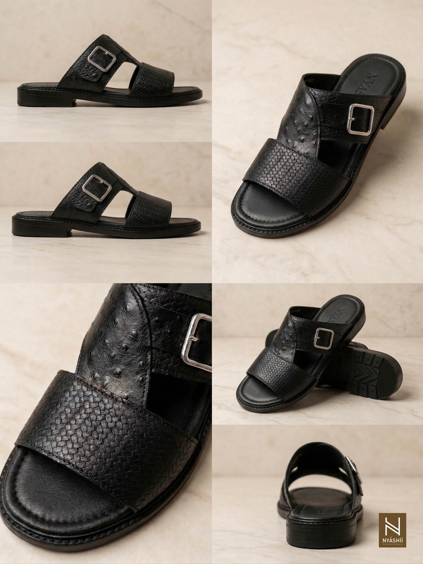 Black Zaria Leather Palm Slippers - Nyashii Leather