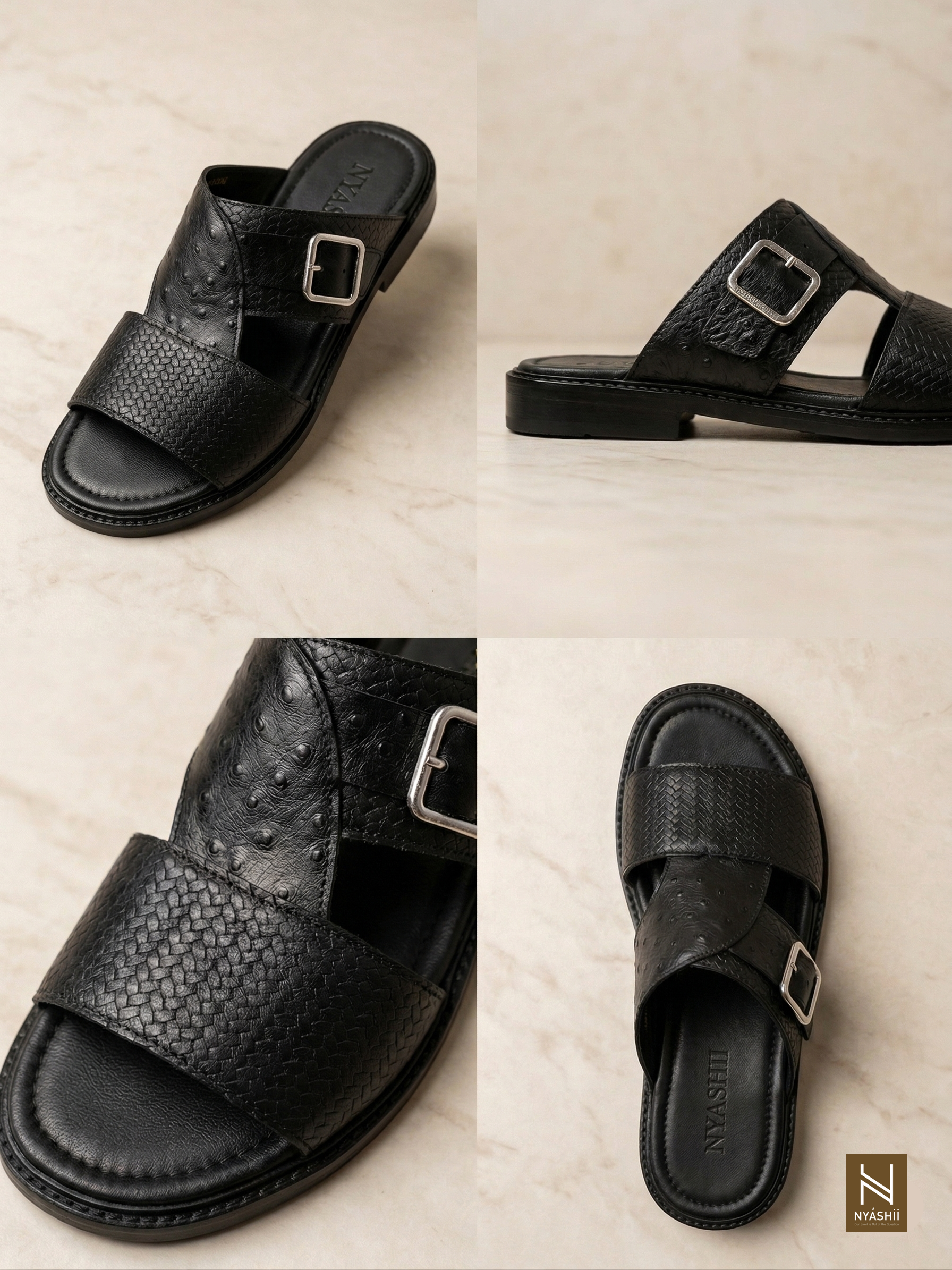 Black Zaria Leather Palm Slippers - Nyashii Leather