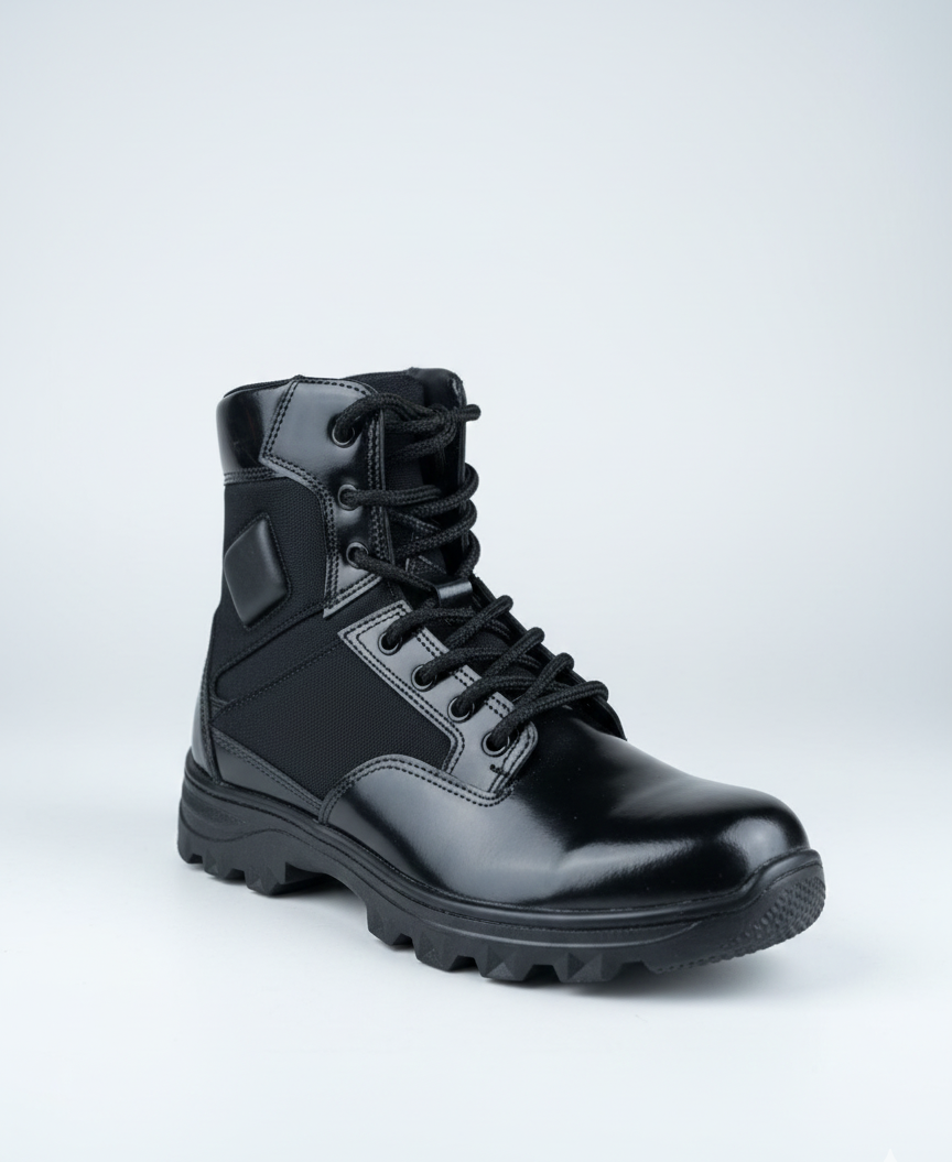 Black tactical boot on a light gray background
